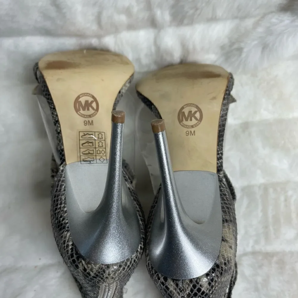 Michael Kors leather snake skin print beige and gray cage T Straps heels size9M